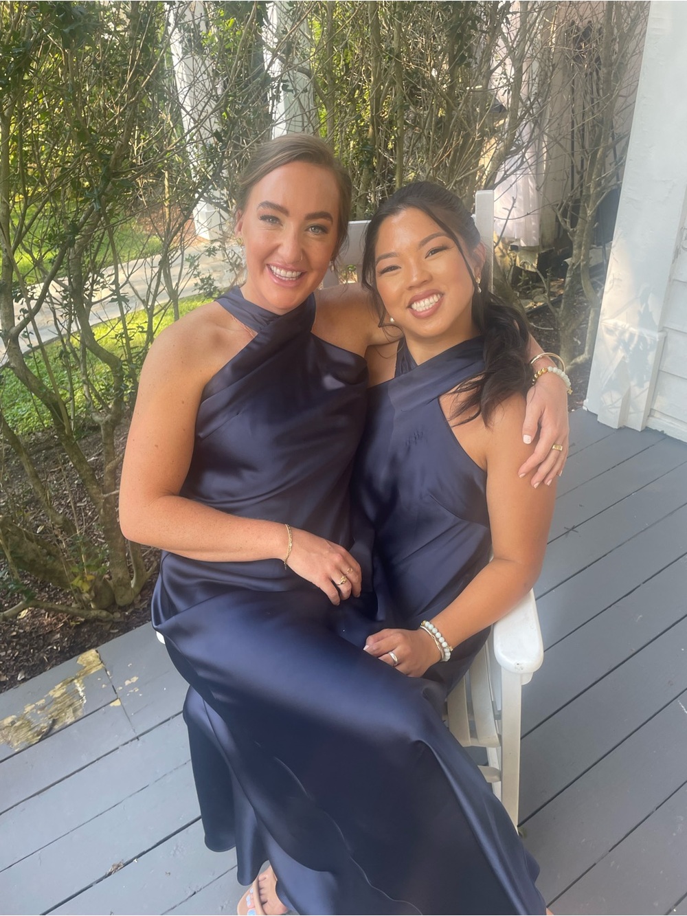 Bella Bridesmaids Navy Satin Halter Neck Evening Dress - Womens